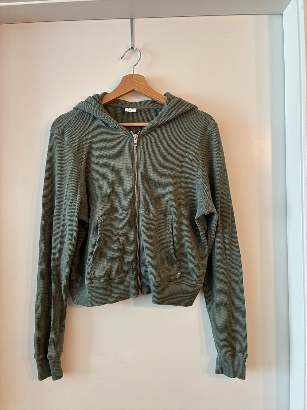 TNA Cropped Olive Green Waffle Zip Hoodie